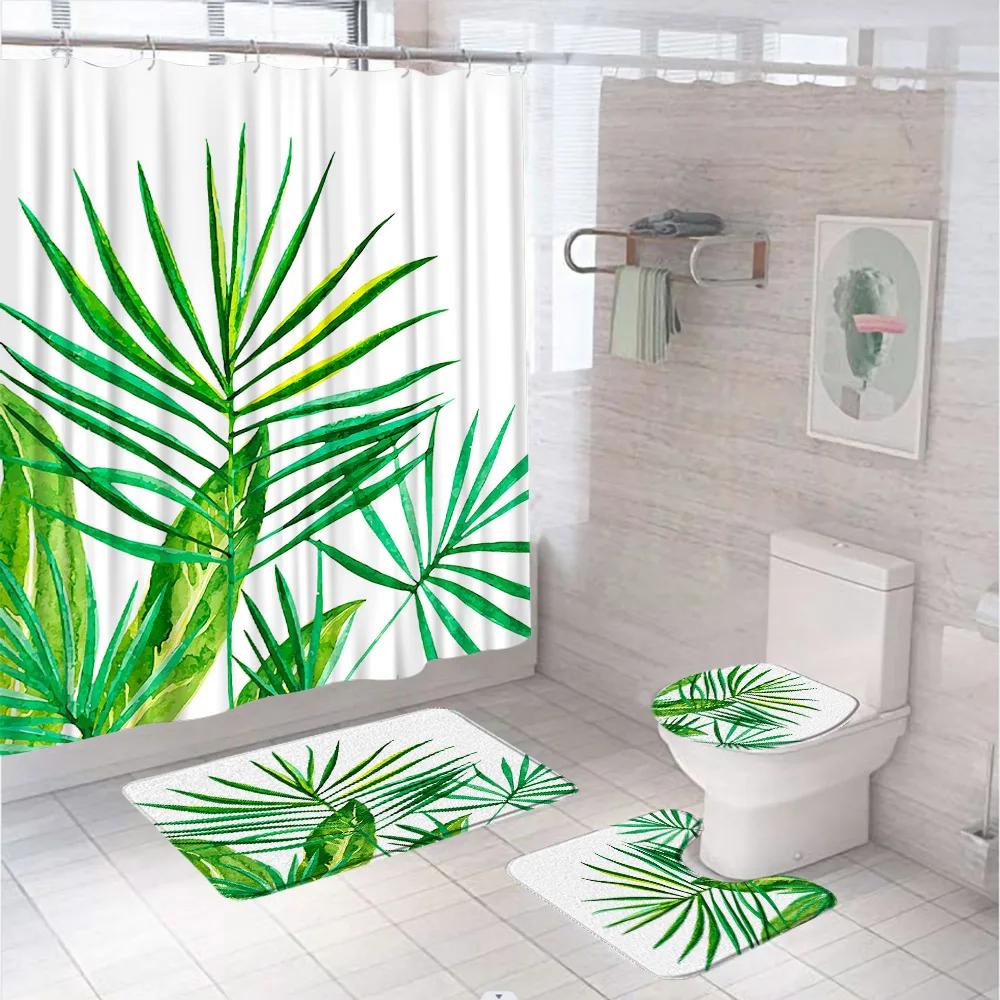 Watercolor Plant Floral Shower Curtain Set Country Wild Flower Leaves Bathroom Decor Screen Non-Slip Bath Mat Toilet Rug Carpet