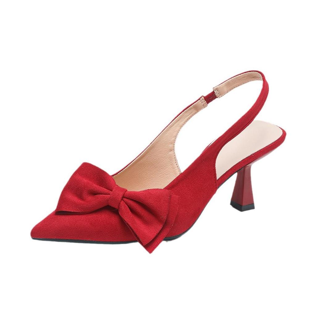 Women's Large Size Summer Pointed Toe Thin High Heel Single Shoes Spring Casual Stiletto Bow Solid Color Sandals Shoes 36-42
