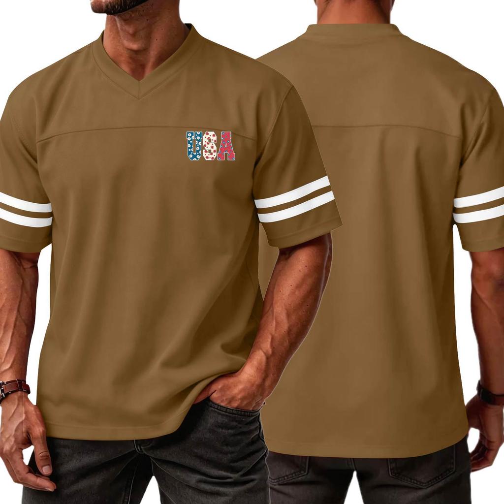 Men V Neck Short Sleeve Jersey Top with USA Independence Day Print and Striped Sleeve Athletic Casual Style Shirt for Sports and Daily Wear
