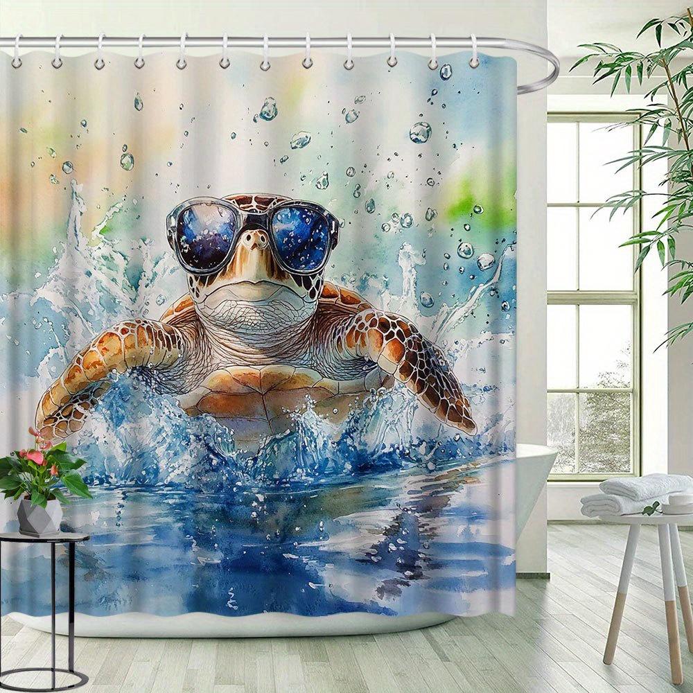 Turtle Creative Pattern Shower Curtain - Ocean Style, Bright Watercolor Design, Lively Bathroom Decor, Polyester Fabric,12 Hooks