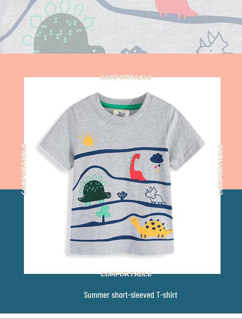 Dinosaur Pattern Boys' Summer T-shirt: Short Sleeve, Round Neck for Small and Medium Kids