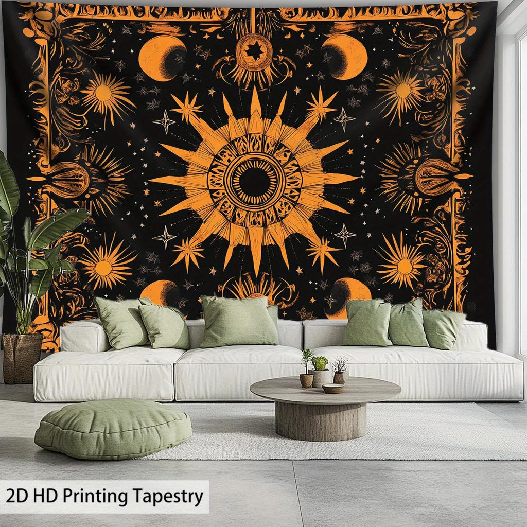 VIKAMA Black Gold Sun and Stars Tapestry Bohemian Living Room Wall Hanging Mystical Style Room Decor