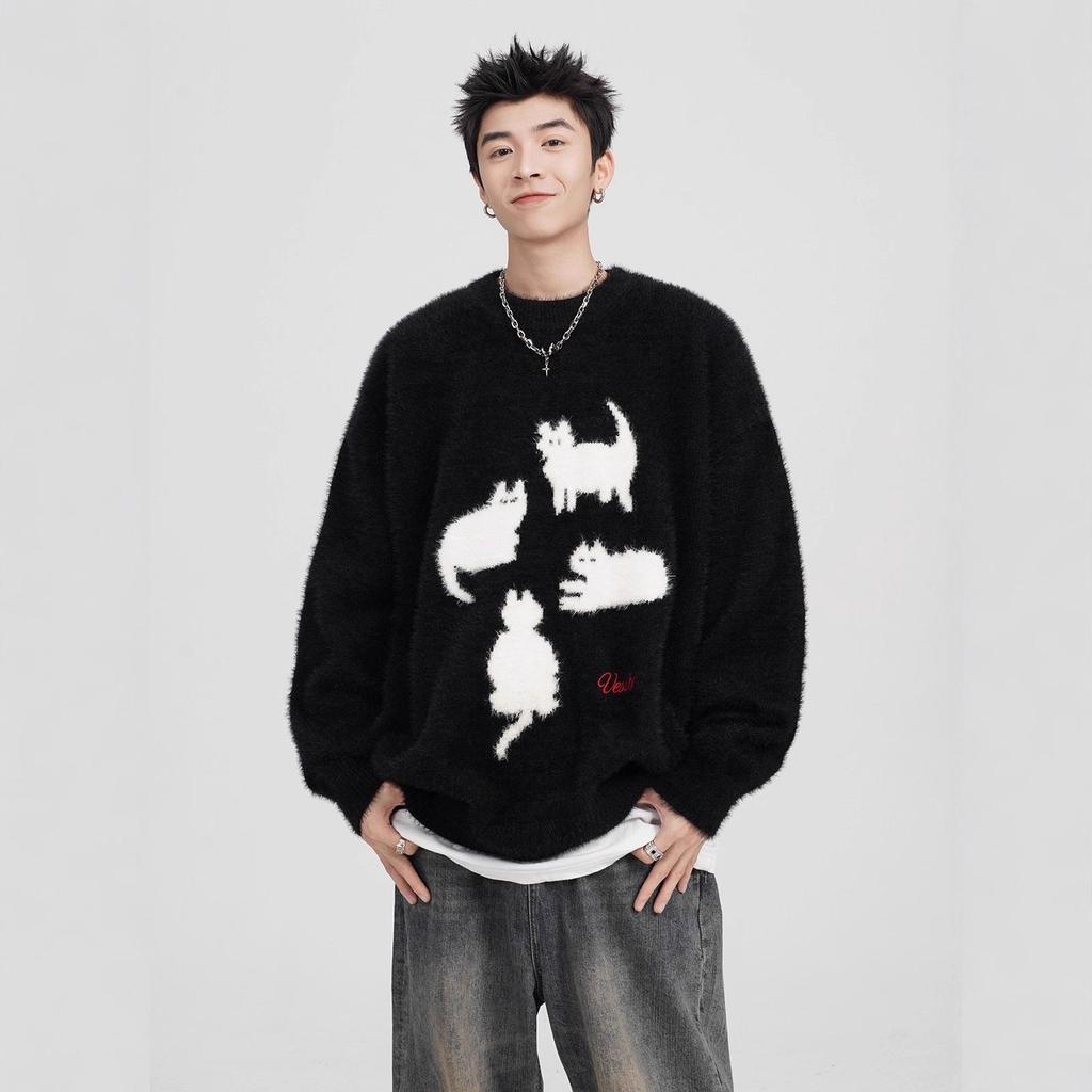 Men's Cartoon Cat Mohair Winter Sweater: American Style Loose Casual Round Neck Knitwear Cardigan
