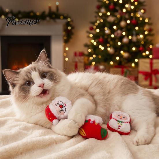 Jouets pour Chat de Noël pour Jouet de Fête, Peluche Douce Père Noël Bonhomme de Neige Élan Arbre Interactif Mâcher Morsure Jouet d'Enrichissement pour Animal de Compagnie Chats d'Intérieur Mignon Bas de Noël