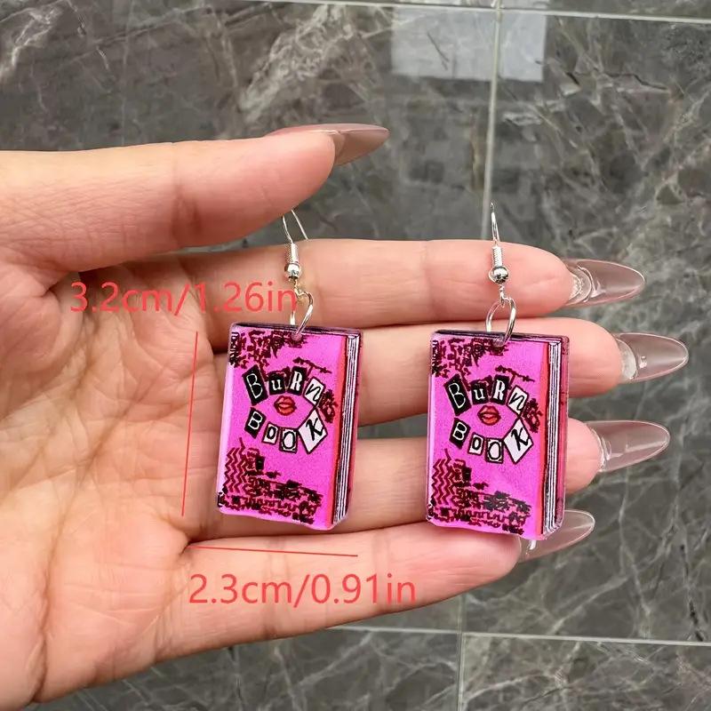 Cross-border new pink book earrings  Burn Book  flat acrylic creative cute book earrings