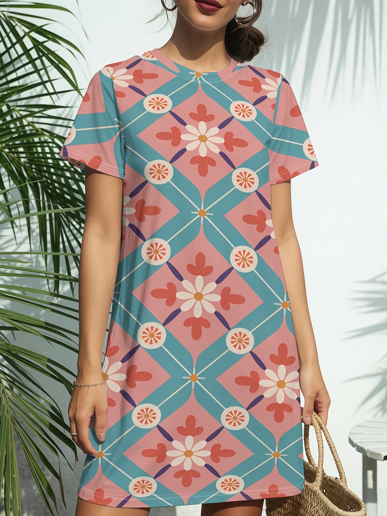 

Retro Pastel Geonew Arrival Women S Round Neck Short-Sleeve T-Shirt Dress. American Trendy Digital Print. Casual Versatile Style for Spring And Summer 4XL дубильна кора