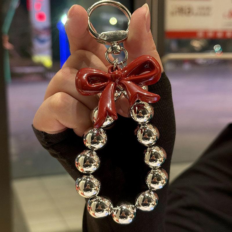 

Red Bow Phone Chain Beaded Keychain Sweet Girl Anti-Lost Wrist Strap Bracelet Earphone Case Charm Bag Decor серебряный