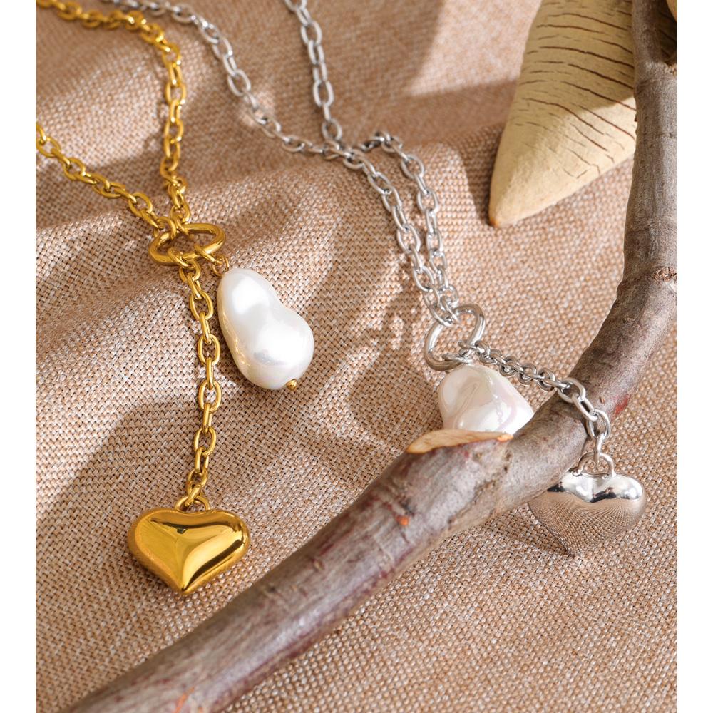 Yhpup Stainless Steel Baroque Simulated Pearl Heart Chain Drop Charm Necklace Rust Proof Popular Fashion Charming Jewelry 2026