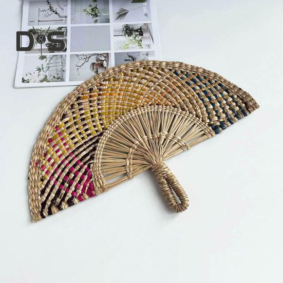 Handgefertigter Fächer aus Strohweben, natürliches Seegras, Raffia-Handfächer, halbrund, gewebtes Palmblatt, Handfächer, Sommer-Kühlfächer, Hochzeits-Party-Dekoration