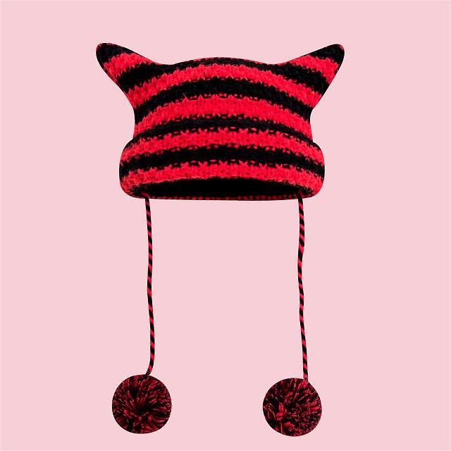 Japanese Streetwear Harajuku Beanie Hat Little Devil Striped Knitted Hat ForWomen Girls Autumn Winter Cute Cat Ears Cap