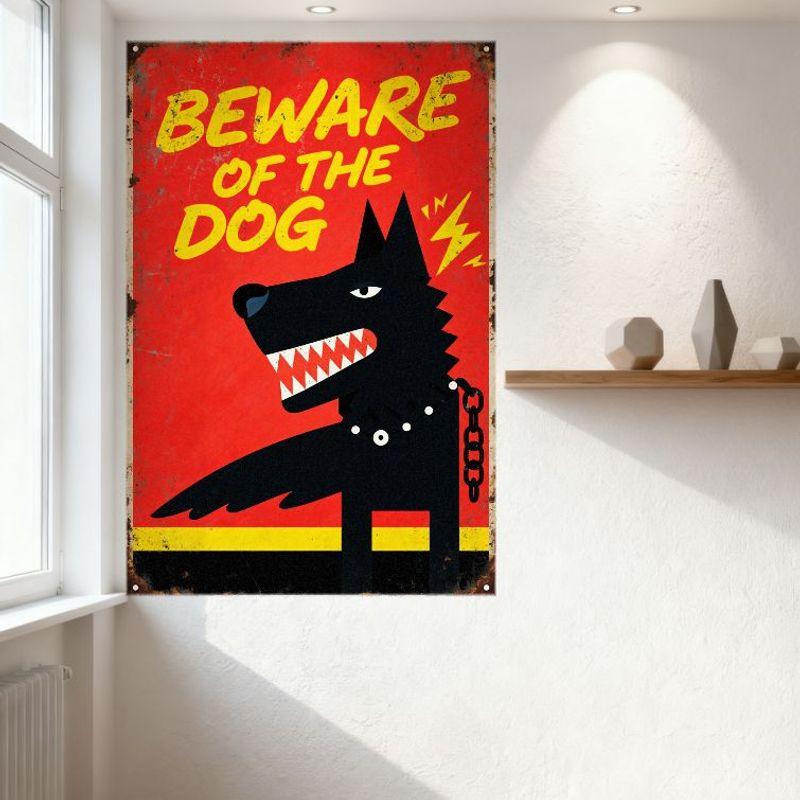 Vintage Industrial BEWARE OF THE DOG Metal Tin Sign with Black Dog Illustration, Red Background, Yellow Text, Rust Spots, Home B