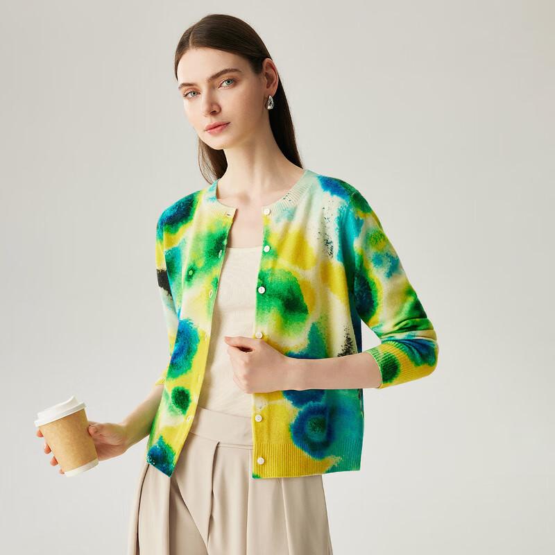 Zhaojun Women's Printed Cashmere Round Neck Cardigan