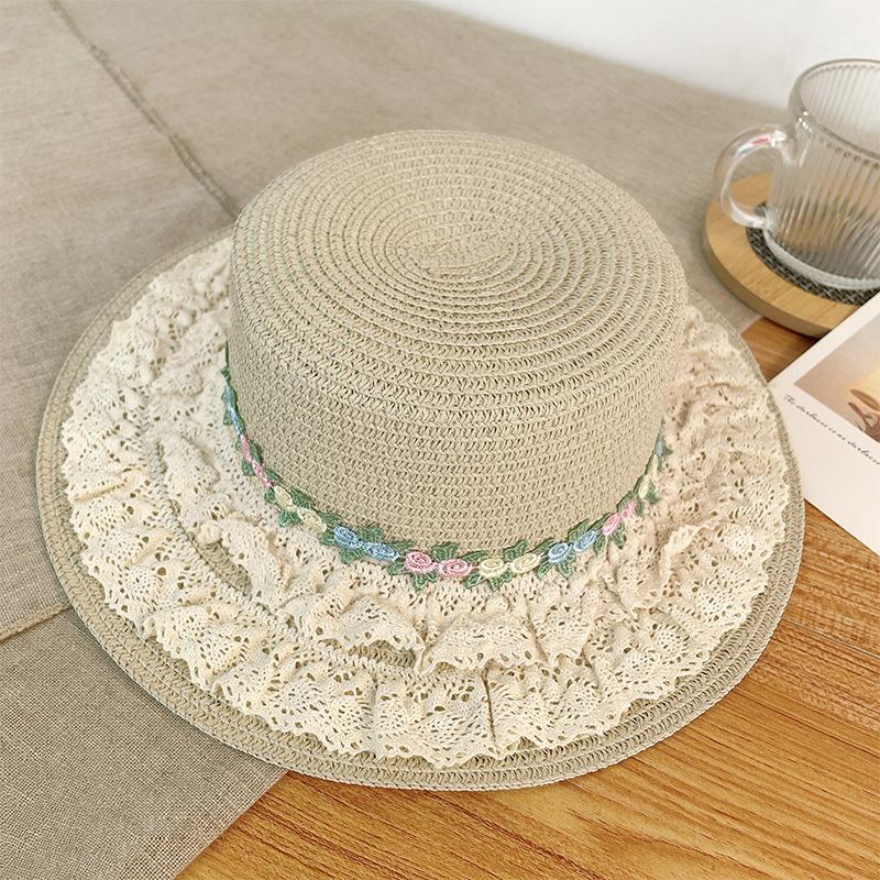 Lace Straw Hat Women's Summer Sweet Versatile Big Eaves Sunscreen Hat Outdoor Holiday Sun Hat