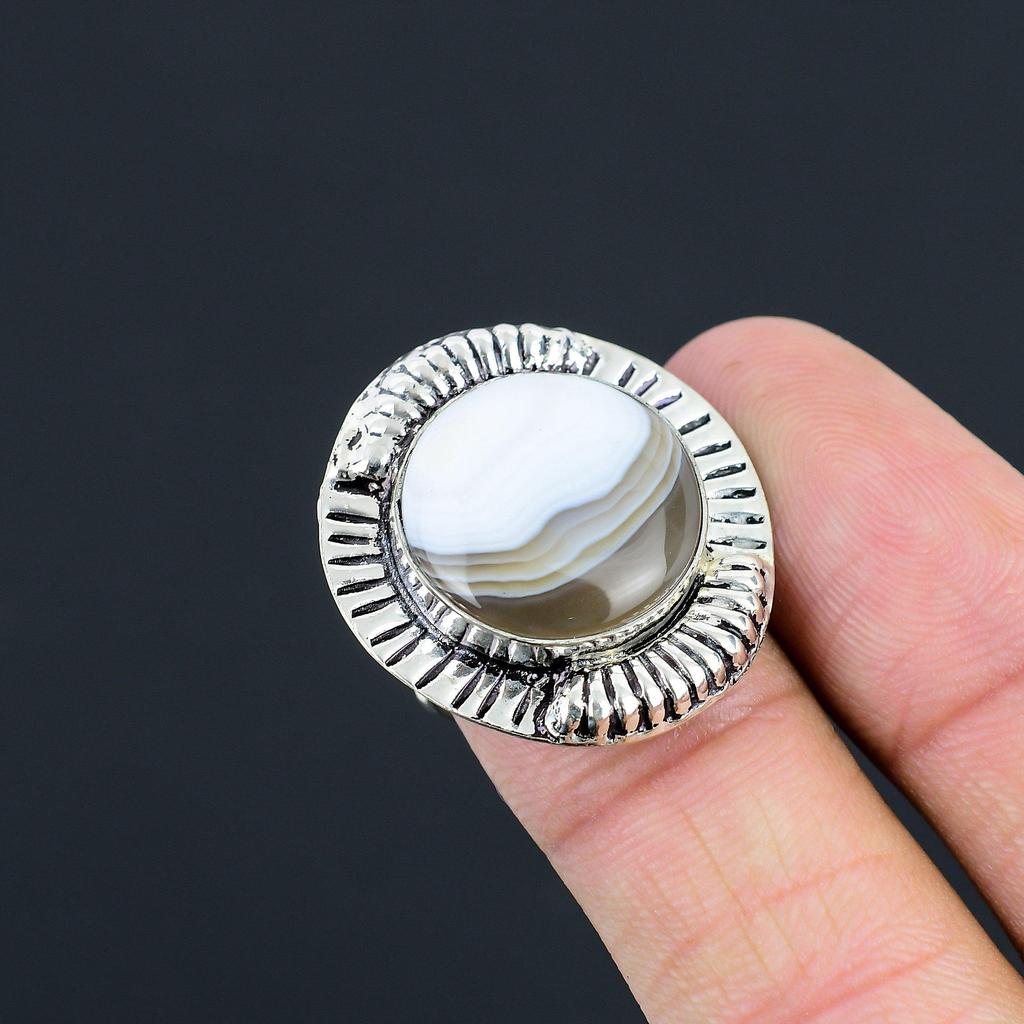 Round Botswana Agate Stone 925 Sterling Silver Promise Birthday Sister Ring US 7