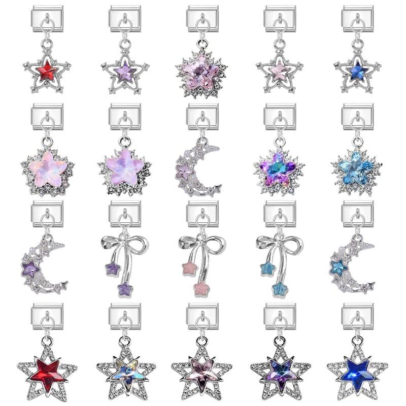 New Shiny Bow Knot Butterfly Moon Star Zircon Pendant Italian Charm Link Fit 9MM Bracelet Stainless Steel Women Men DIY Making