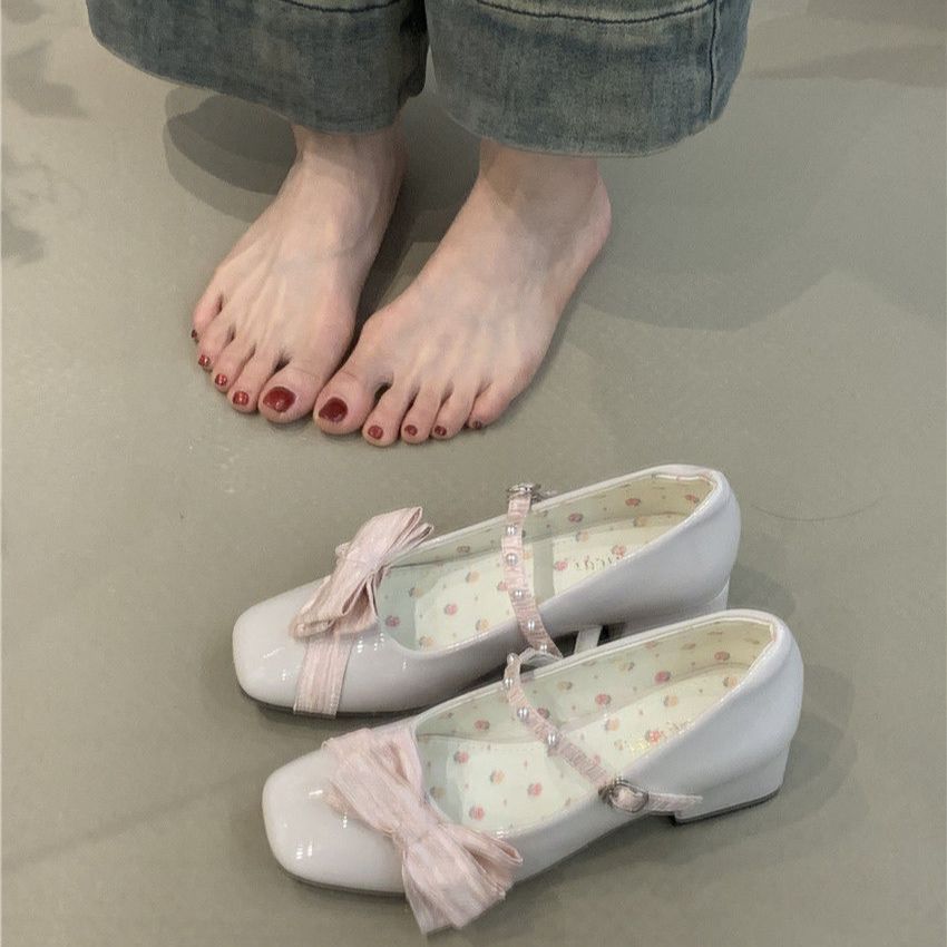 Gentle fairy style Mary Jane shoes spring French cherry pink pearl bow square head shallow mouth high heels
