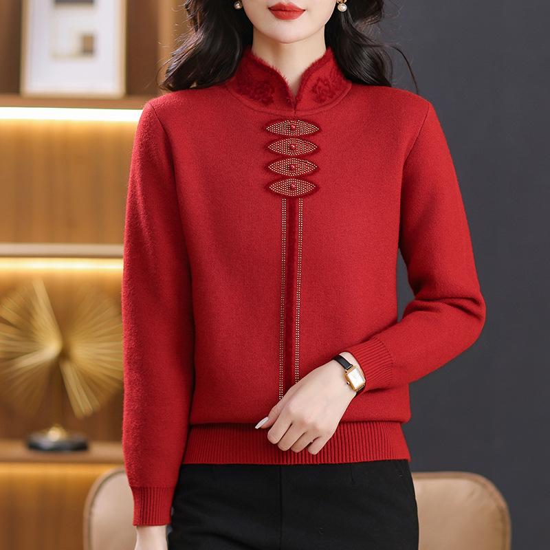 Autumn/Winter Velvet Cheongsam Collar Sweater for Middle-Aged Women - Warm, Stylish Red Top