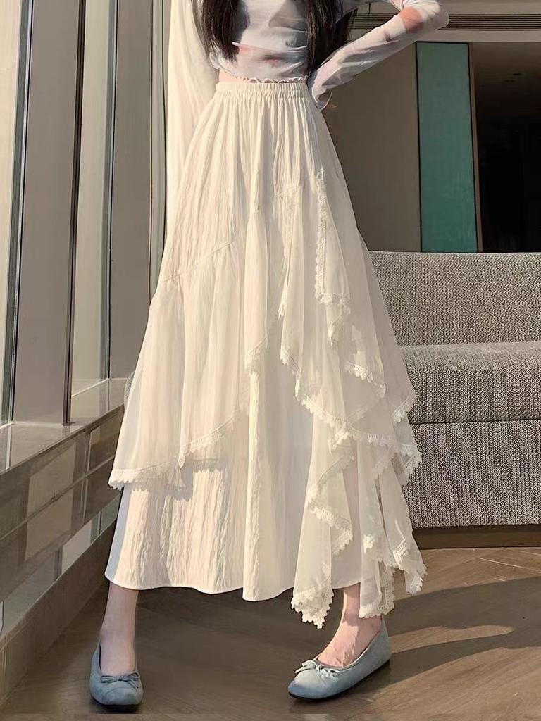 Cotton Blended Irregular Lace Maxi Skirt With Ruffle Hem For Fashion Women