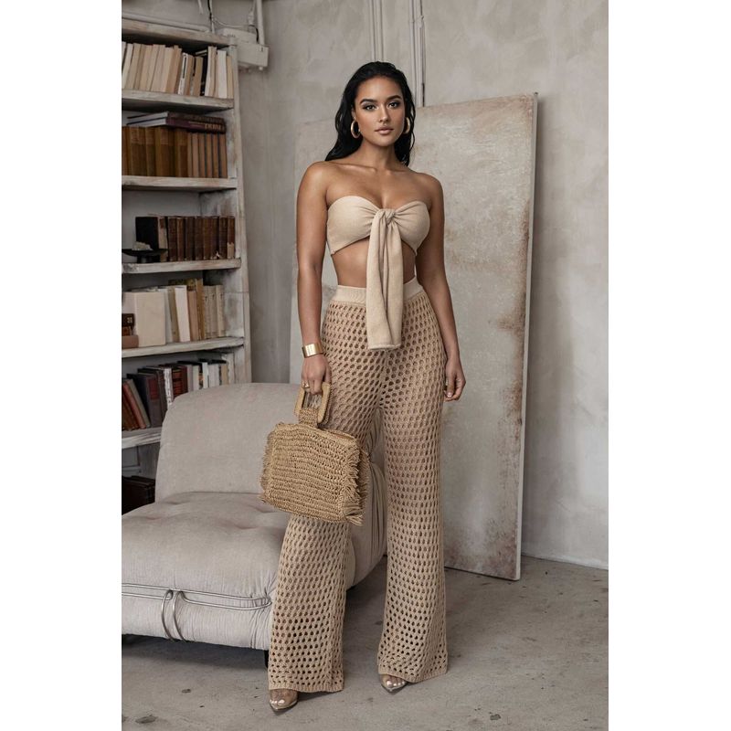 

Casual Wide Leg Pant Suits Gyaru Bikinis Tube Top Hollow-out Knitted Wide-Leg Pants Set Summer Khaki L