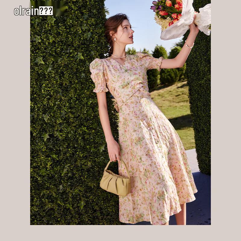 

Olrain Women s Floral Puff Sleeve A-Line Midi Dress S