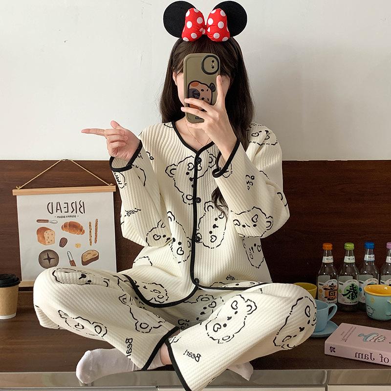 Layered Long Sleeve Cotton Quilted Pajamas Set for Women - Autumn/Winter Casual Cardigan Homewear