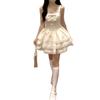 Small Sweet French Beige Cardigan Spring Summer White Fluffy Cake Dress Vest Skirt Two-piece Set