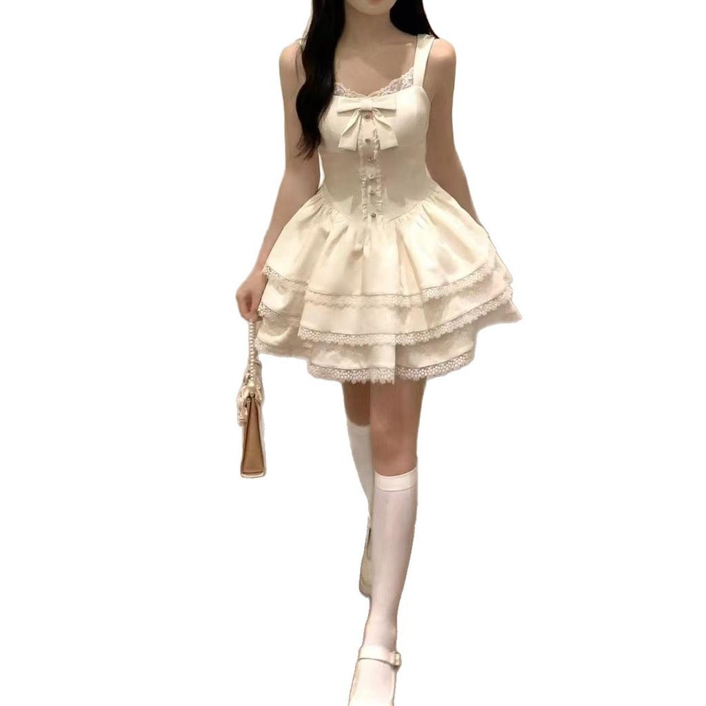 Small Sweet French Beige Cardigan Spring Summer White Fluffy Cake Dress Vest Skirt Two-piece Set