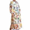 2025 European & American Women's Lantern Sleeve Print Turn-Down Collar Waist-Gathering Long Swing Spring Dress
