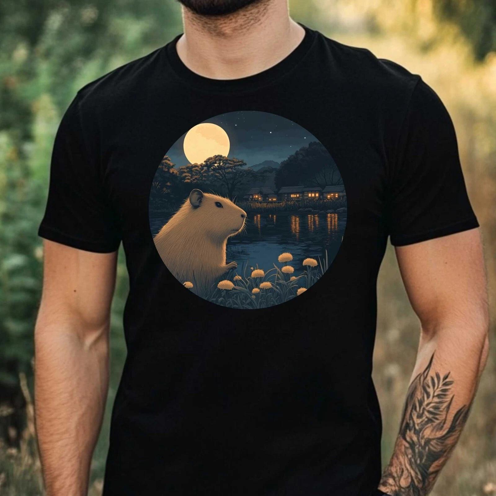 T-Shirt Herren Capybara im Mondlicht Motiv Baumwolle Größe XS bis 5XL M
