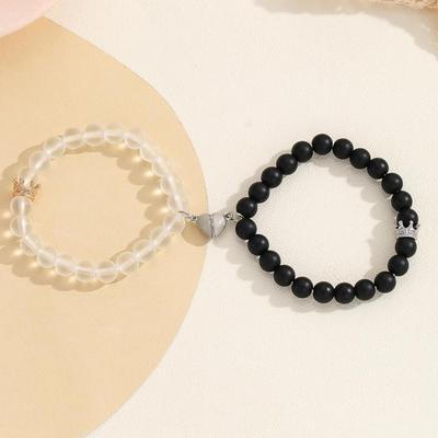 2Pcs Handmade Crown Beaded Charms Bracelet Luminous Heart Glow In The Dark Elastic Couple Bracelet Men Women Lover Gift