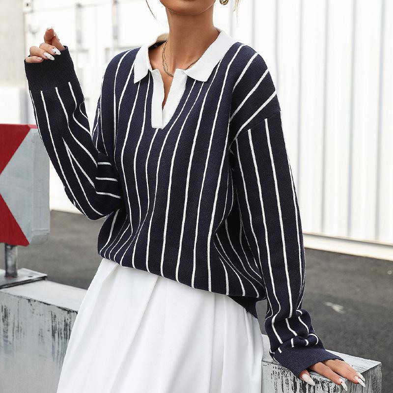 Women's Fashion Casual Spring Fall Stripe Print Long Sleeve POLO Neck Blouses Shirts