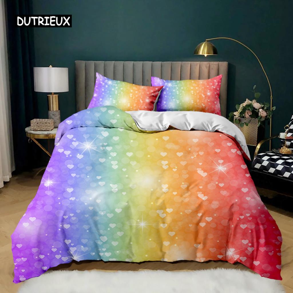 Rainbow Duvet Cover Set Girly Spiral Multicolor Bright Sequins Bedding Set for Kids Girls King Size Soft Microfiber Quilt Cover