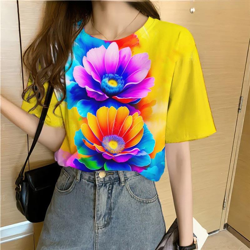 Summer Round Neck 3D Colorful Flowers Pattern Print Top Fashionable Casual Short Sleeved Women's T-shirts