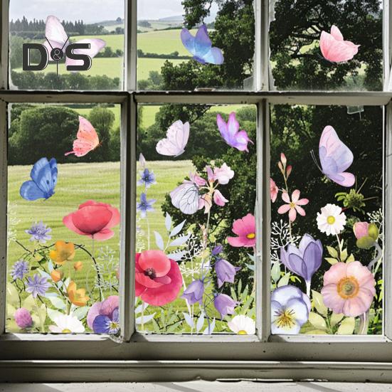 Colorful Floral Static Sticker Double-Sided Waterproof Flowers Sticker Spring Window Clings for Glass Windows Doors Home Office Decor