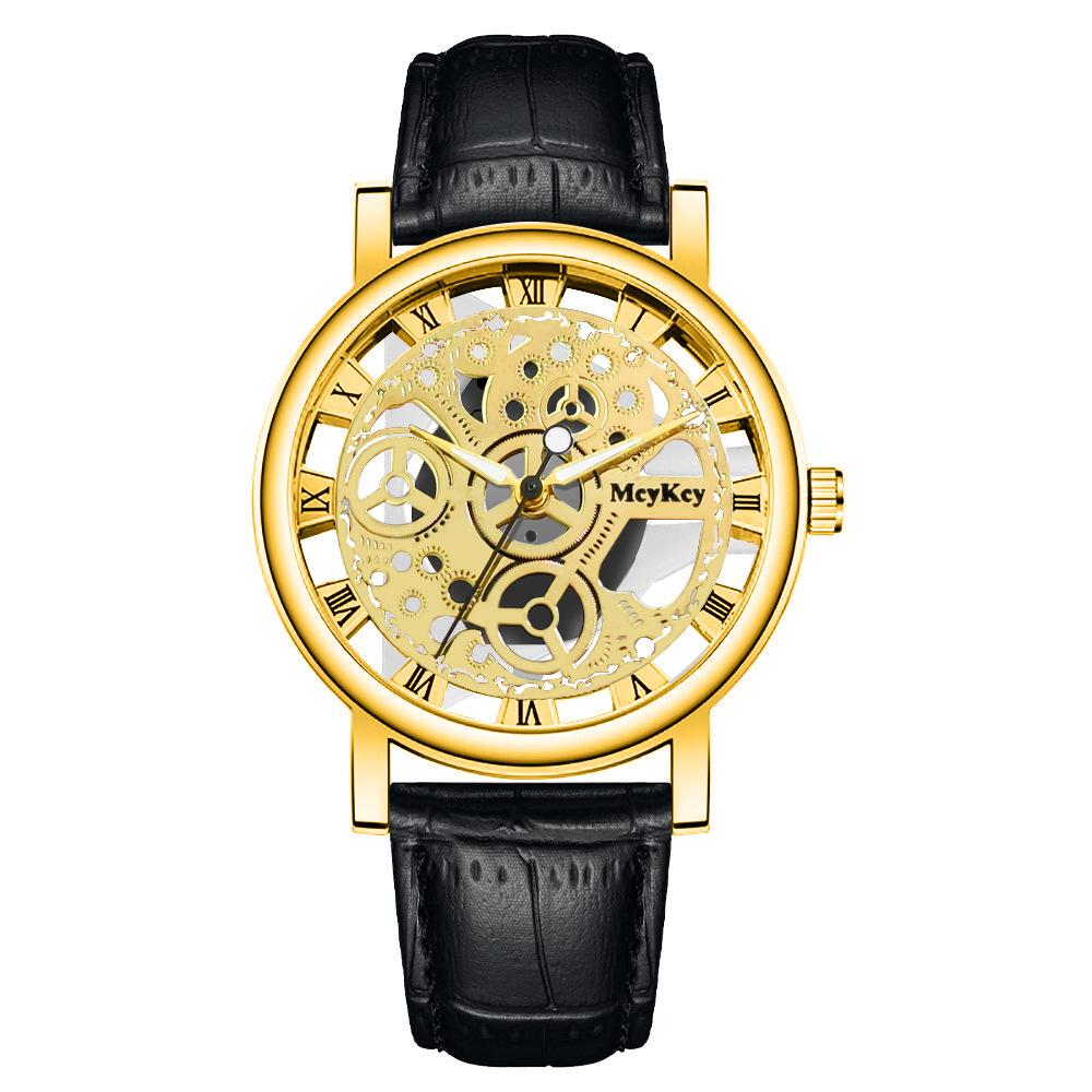 Men's Transparent Bottom Hollow-Out Leather Strap Quartz Watch