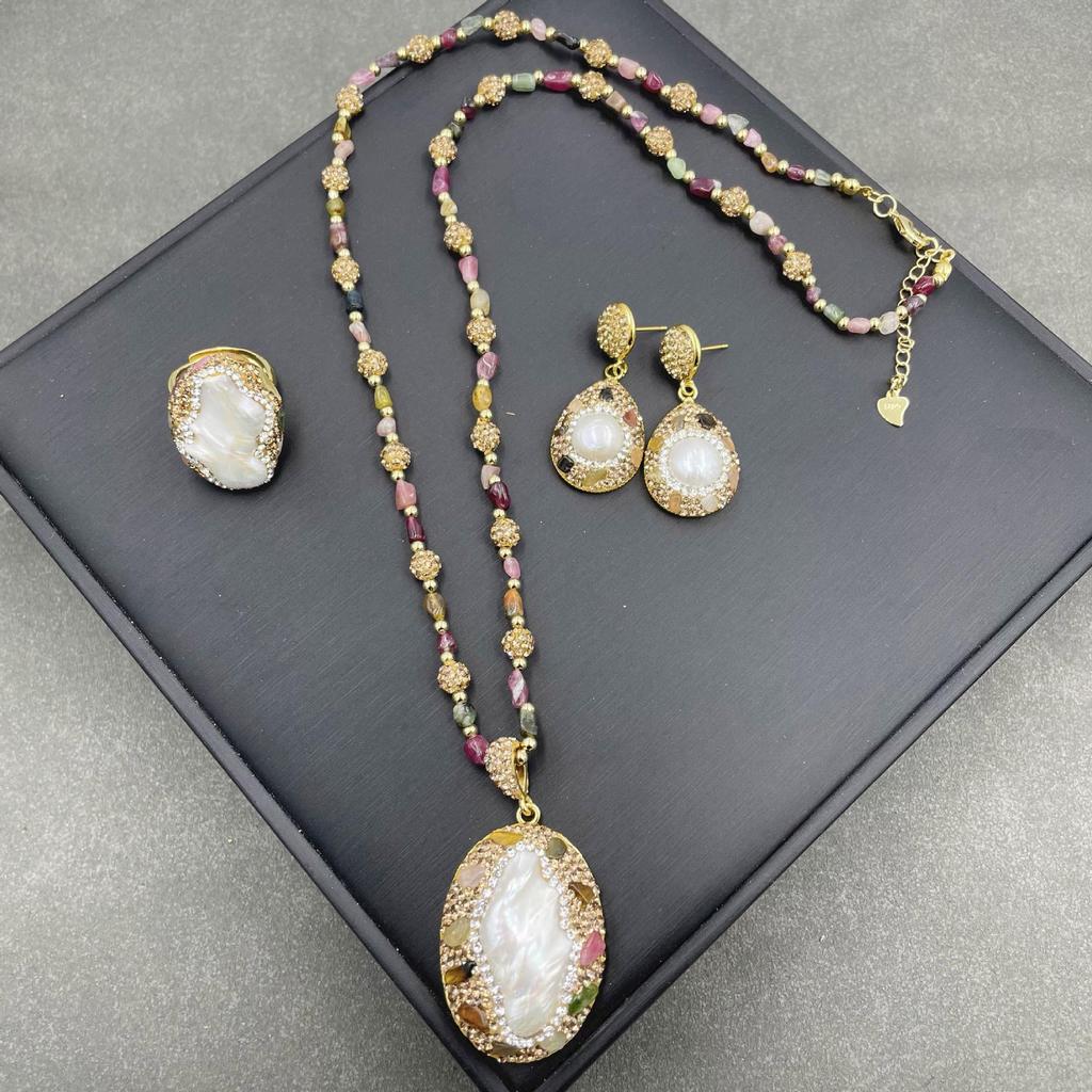 Baroque Pearl Tourmaline Freshwater Necklace Set with Irregular Pearls - High-end Three-piece Sweater Chain