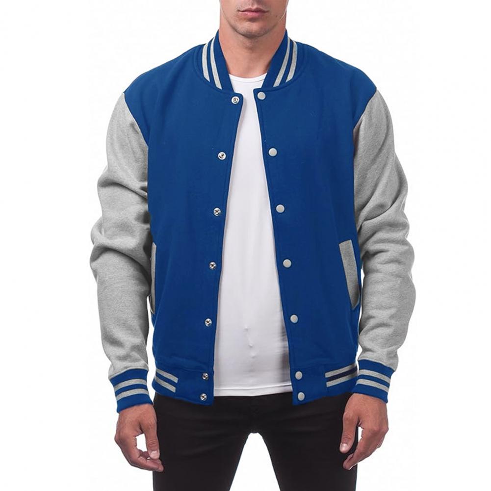 Men Baseball Jacket Stand Collar Long Sleeve Buttons Closure Patchwork Color Coat with Pockets Autumn Winter Fleece Lining Casua