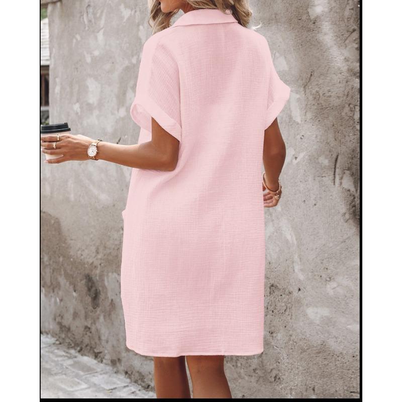 JKASHDK Women's Fashion Summer Spring Solid Color Print Short Sleeve POLO Neck Loose Waistlinet Casual Dresses