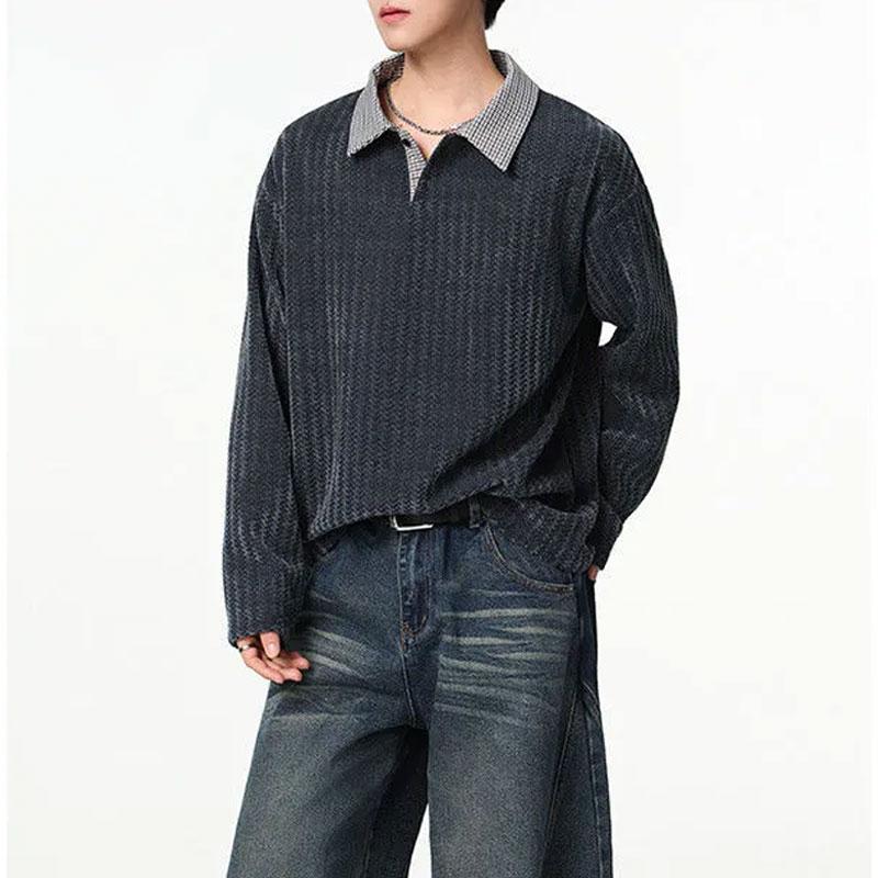 

Stylish Plaid Spliced Casual T-shirts Men s Clothing Japan Style Autumn Turn-down Collar Button Vintage Long Sleeve Polo Shirts L серый