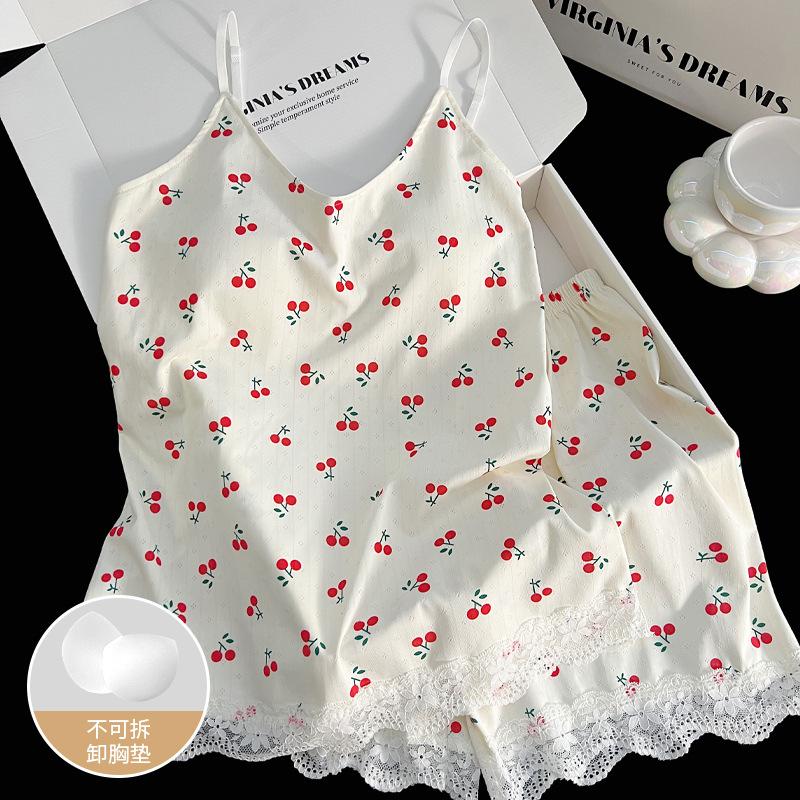 Summer Imitation Cotton Lace Edge Pure Desire Suspender Shorts Pajamas Women's Pajamas with Chest Pads Pajamas Set Loungewear Real Shot