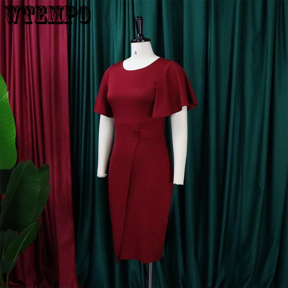 Spring and Summer Large Size Solid Color High Waist Temperament Commuter Ruffle Sleeve Package Hip Long Dresses