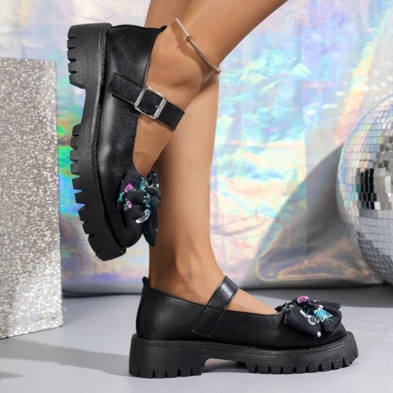 Fashion 2024 High Quality Shoes Female Round Toe Women's Pumps Autumn British Style Bow Buckle Dress Block Heel Large Size Shallow Shoes