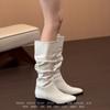 Sheepskin version~ French white pleated stacking boots women's British style thick heel boots temperament but knee knight boots