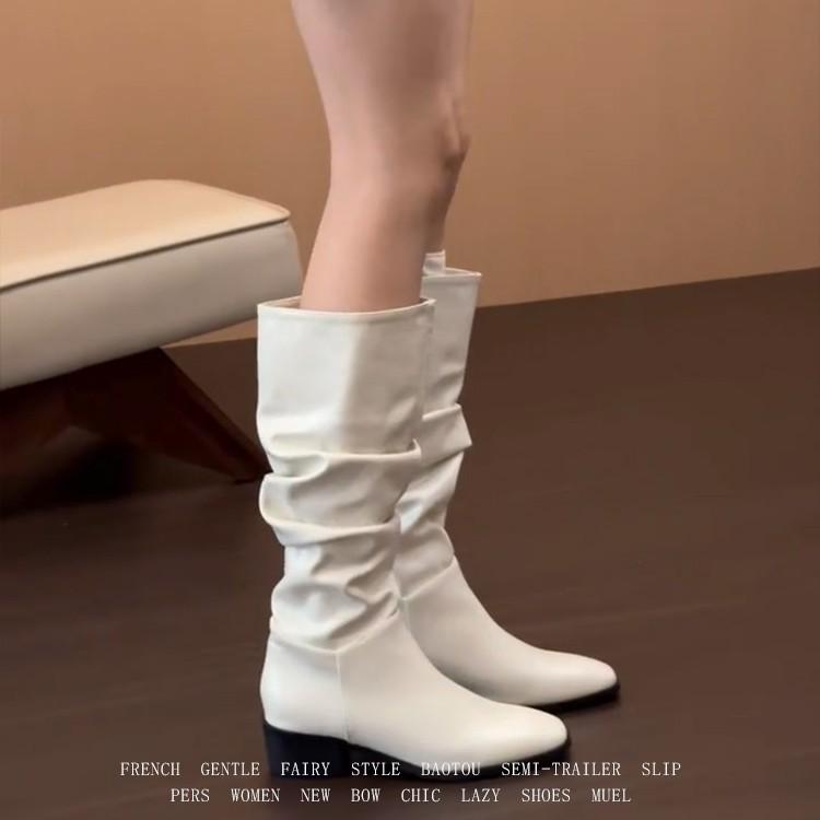 Sheepskin version~ French white pleated stacking boots women's British style thick heel boots temperament but knee knight boots