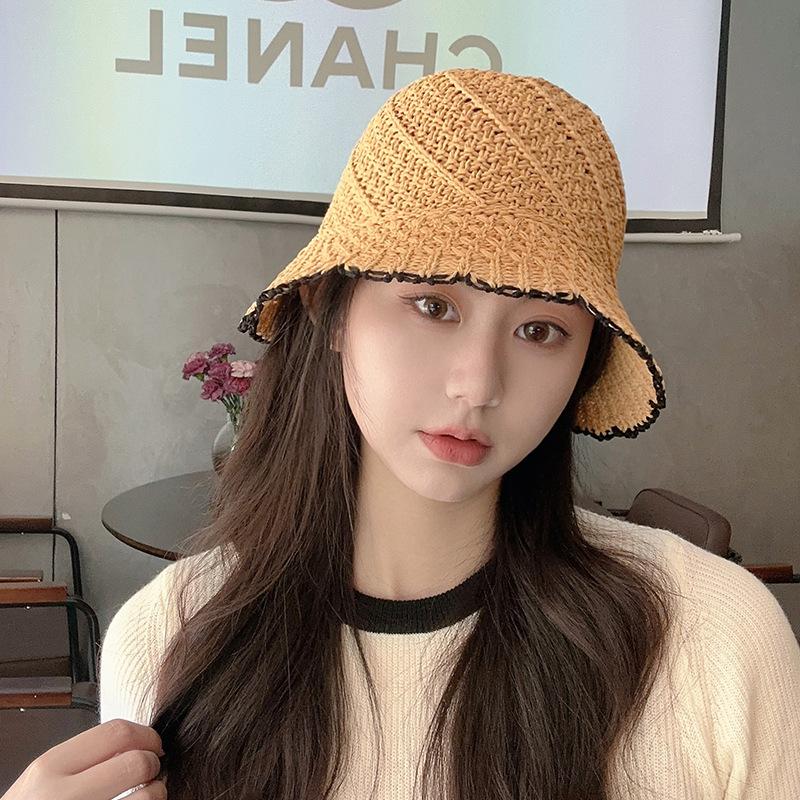 Straw Bucket Hat Women's Summer Sunshade Washbasin Hat Pastoral Lace Hollow Versatile Bucket Hat