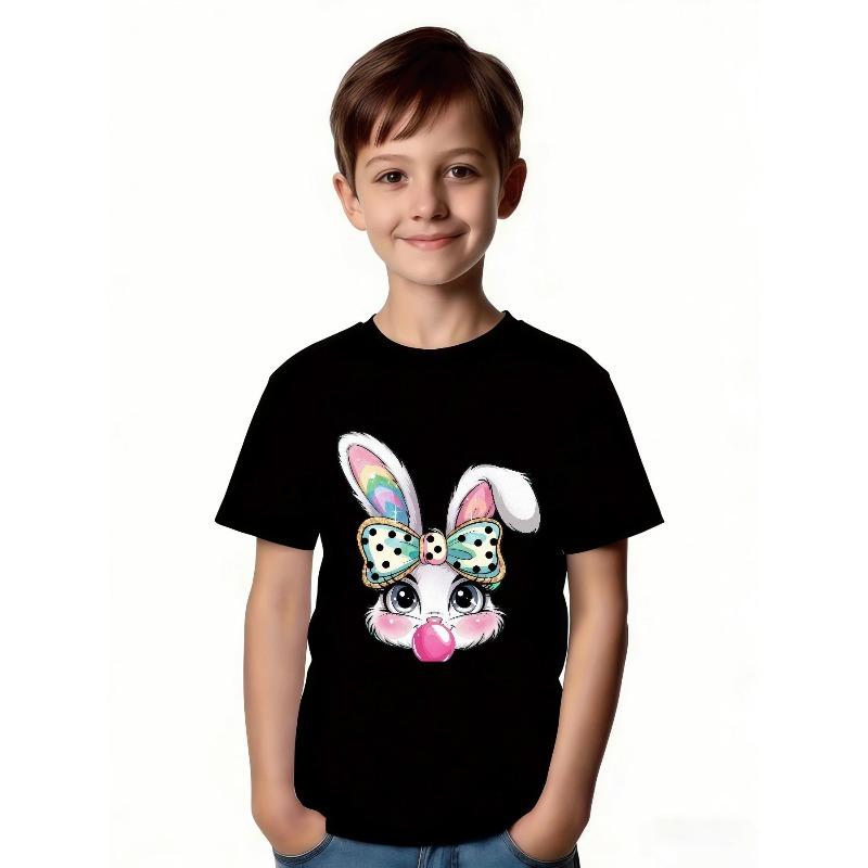 European Size Childrens Round-neck Short-sleeved T-shirt with Rabbit Pattern Print