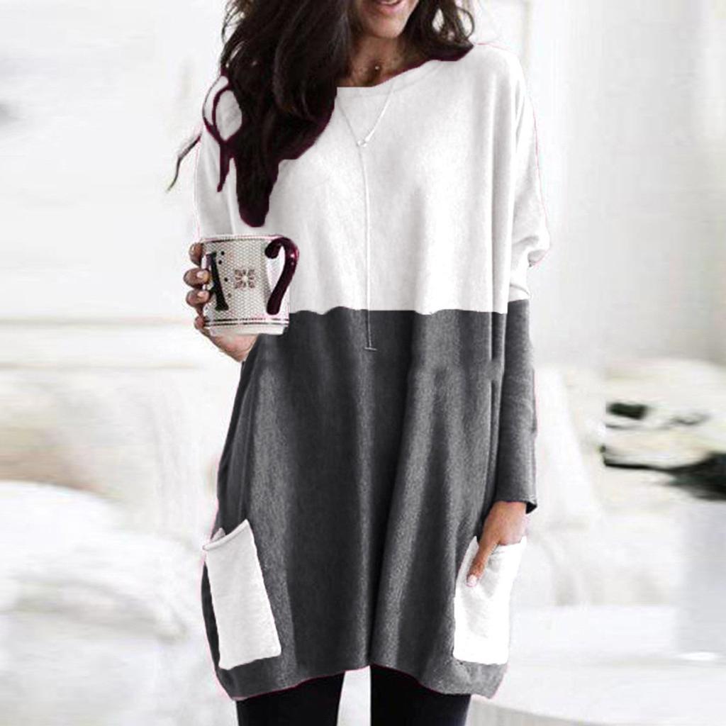 Women Fashion Casual Long Sleeve Patchwork Pockets Loose Tops Blouse