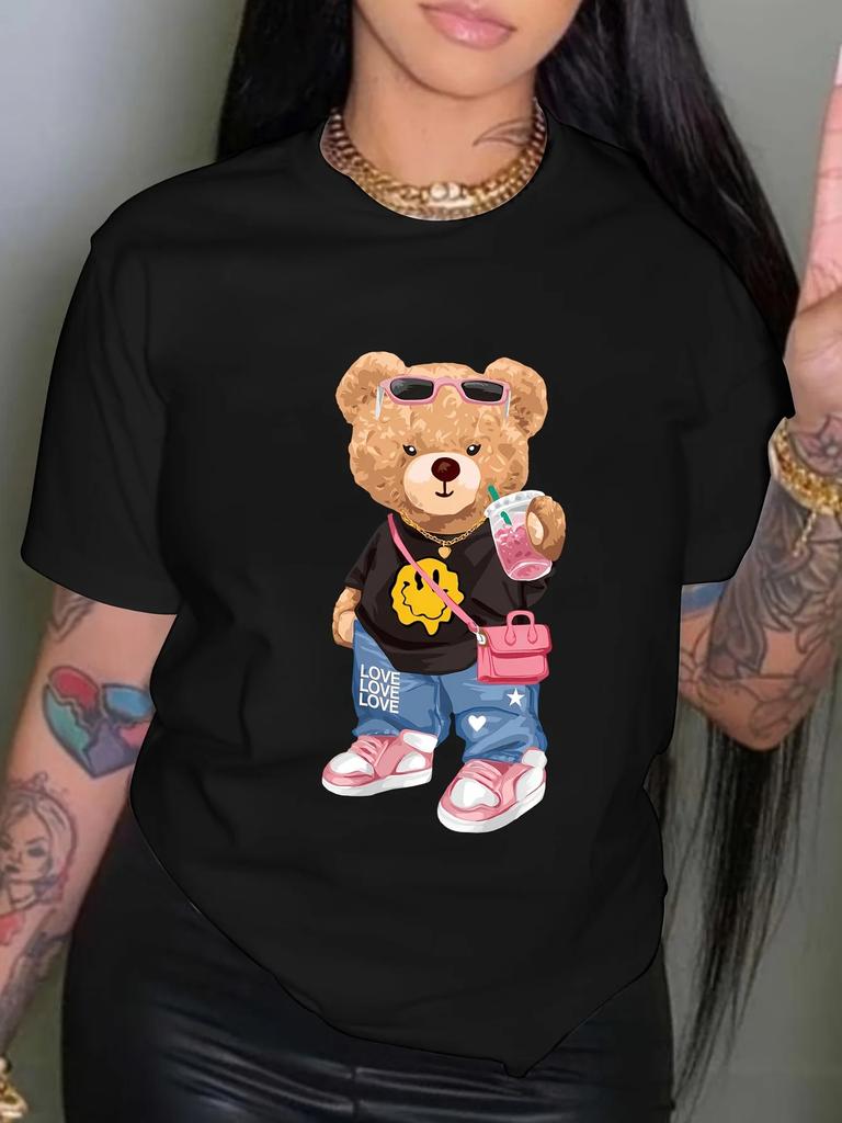 Kawaii Little Bear Print Tshirt Short Sleeve Crew Neck Casual Top for Summer Spring Womens Clothing Shirt