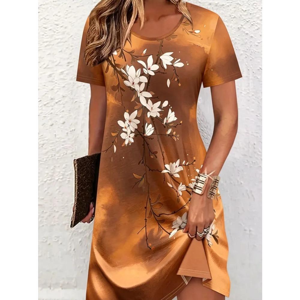 Summer Fashion Flowers 3d Print Comfortable Breathable Round Neck Short Sleeved Dresses Women Creative Colorful Plus Size Loose Dresses