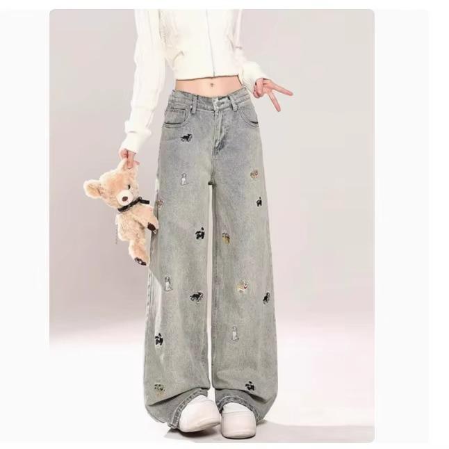 Casual Cartoon Embroidery High Waist Wide Leg Jeans Women's Loose Fit Spring Autumn New Style Versatile Denim Pants
